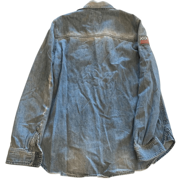 American Eagle Shirt Womens S Denim Oversize Chambray Button Up Patches - Picture 2 of 5
